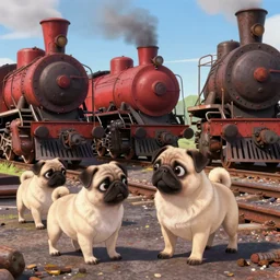 wholesome animation key shot, pugs explore an abandoned train yard, rust, red steam trains, studio ghibli, pixar and disney animation, sharp, disney concept art watercolor illustration by mandy jurgens and alphonse mucha and alena aenami, pastel color palette, dramatic lighting