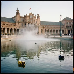 kodak portra 4 0 0 photographic and realistic, plaza of spain, detailed, octane render, unreal engine, 4 k, artstation, hyper realistic, wide angle, floor flooded, how a river, objects that float, 3 5 mm, sharp focus, soft light, volumetric light fog, in the style of gregory crewdson