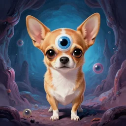 a chihuahua with a third eye living in an extradimensional reality, in the style of goof troop, illustration, epic, realistic, hyper detailed, smooth