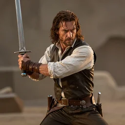 inigo montoya swinging his sword photo realistic 4 k, extremely high quality