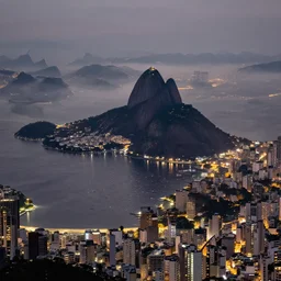 pao de acucar in rio de janeiro brazil, trending on artstation, aerial photo, digital art, distant mountain, fog, city at night, low dof, professional photography