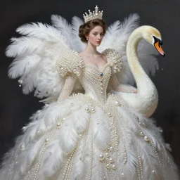 queen _ with _ a _ decorated _ dress _ made _ of _ white _ pearls _ and _ white _ plumes _ of _ swan _ highly _ detailed _ digital _ painting