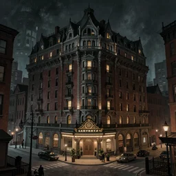 action scene painting of a 1 9 2 0 s gothic style hotel in downtown boston, overlooking a dark street, architectural, atmospheric lighting, brooding, painted, intricate, ultra detailed, well composed, best on artstation, cgsociety, epic, horror, stunning, gorgeous, intricate detail, much wow, masterpiece, cinematic aesthetic octane render, 8 k hd resolution,