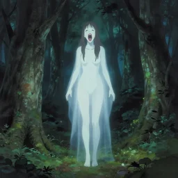 in the style of audrey kawasaki, thomas kinkade, shinsui ito, transparent ghost screaming, full body, in the woods, moody lighting