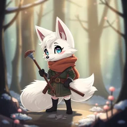 a pretty medieval anthropomorphic snow fox ranger with a fluffy tail in the forest, comic art, trending on furaffinity, cartoon, kawaii, backlighting, furry art!!!, radiant light, bokeh, trending on artstation, digital art
