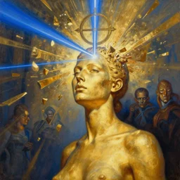a portrait of a golden skinned goddess with a lazer shining into the top of her head charkra, pieces expanding from impact gold and blue by moebius +james jean + peter mohrbacher + syd mead + illustrative + visionary art + low angle + oil painting + 3/4 portrait + asymmetry