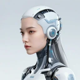 photo of a beautiful female cyberpunk cyborg, head is connected with devices, artwork by james jean, hyperdetailed realistic silver and blue metallic, jean delville, art nouveau, gustav klimt, ornate copper patina gothic icon, james jean, ultrasharp hyperdetailed photorealistic octane render, full shot