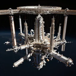 an elaborate, very detailed space sity that hangs from a gigantic space staion