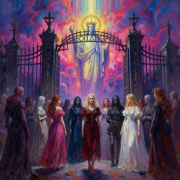 [ style ] [ oil painting ] [ palate ] [ vibrant gothic colors ] lost 👾 👽 souls congregating and waiting in line at a giant iron gate, vibrant neon nebulous clouds, radiant light rays, photorealistic painting, intricate and fine details, volumetric lighting, artstation, god figure at the gate