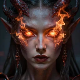 close - up of demon lilith with fire coming from her eyes, fine art masterpiece, highly detailed anka zhuravleva ren hang, dramatic lighting, long shot, wide angle, uhd 8 k, sharp focus