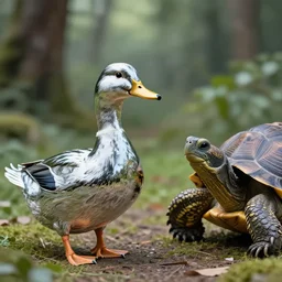 a chrome - plated duck with a golden beak arguing with an angry turtle in a forest.