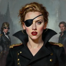 painting of scarlett johansson as an evil vampire wearing an eyepatch, epic, tragic, military art, fantasy, dieselpunk, hd shot, digital portrait, beautiful, artstation, comic style, by artgerm, guy denning, jakub rozalski, magali villeneuve and charlie bowater
