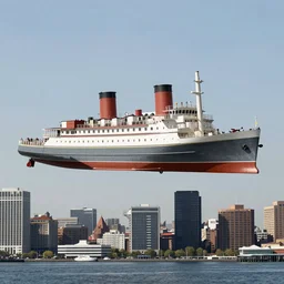 a steamship suspended above a city skyline