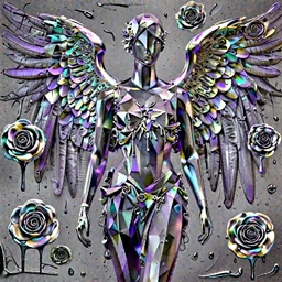 a beautiful purple and black 3 d geometrically printed mannequin with angel wings in the style of android jones, chrome roses dripping black iridescent liquid, winged victory!!!, moody, dramatic, introspective, 4 k, trending on artstation, photorealistic, volumetric lighting, octane render