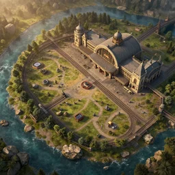 a zoomed out topdown battlemap from 9 0 degrees angle of a large old train station, dnd encounter, river, rocks, dawn, extremely detailed, no people, photorealistic, octane render, 8 k, unreal engine 5. art by artgerm and greg rutkowski and alphonse mucha