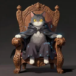 anime cat with cloak sitting on a magical wood carved chair, super powers, glowing tiny blue lines, concept art, by greg rutkowski, overdetailed art