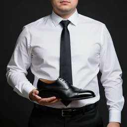 clean - shaven chubby white man wearing white dress shirt, necktie, and dress trousers holding a black dress shoe. iq 4, f / 1. 4, iso 2 0 0, 1 / 1 6 0 s, 8 k, raw, dramatic lighting, symmetrical balance, in - frame