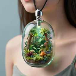 photo of a futuristic terrarium glass jewelry pendant with a tiny jungle inside of it, in the neck of a young woman, by dieter rams and wlop by jungyeonmin and james jean jhonseru jsezz artstation volumetric lighting, granular detail, hyperrealist, hypermaximalist, granular detail, hypermaximalist, micro details, blender, vray