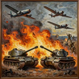 a painting about war in the style of Pablo Picasso, fire, tanks, warplanes, soldiers, high quality