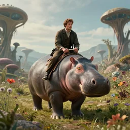 sharp, highly detailed, film from a 2 0 1 9 sci fi 8 k movie, set in 1 8 6 0, of a man riding on the back of an alien hippo, on an alien planet, across an alien landscape that is full of strange wild alien plants and flowers, wearing 1 8 5 0 s era clothes, atmospheric lighting, in focus, reflective eyes, 3 5 mm macro lens, live action, nice composition