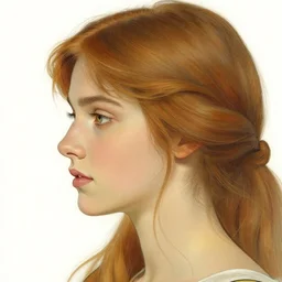 realistic detailed masterpiece head and shoulders profile portrait of Mia Kirschner by Alphonse Mucha, Ayami Kojima, Amano, Charlie Bowater, Karol Bak, Greg Hildebrandt, Jean Delville, and Mark Brooks, Art Nouveau, Neo-Gothic, gothic, elegant portrait of Mia Kischner, rich deep moody colors