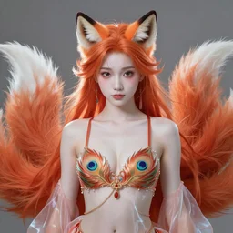 prompt A beautiful portrait of a white red orange kumiho, translucent silky dress, wearing a bra in the shape of peacock feathers, close up front view, long clumpy hair in the shape of fox tail, backlit, concept art, matte painting, by Peter Mohrbacher