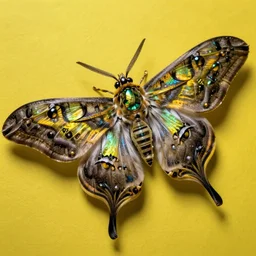 high quality macro photo gothic iridescent moth! jewelled gorgeous! highly detailed david ligare elson peter cinematic yellow neon lighting high quality low angle hd 8k sharp shallow depth of field