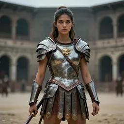 pretty female gladiator wearing armor in the arena, shallow depth of field, moody lighting, 8 k, concept art,