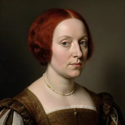 portrait of a 40 years old women, dark red hair, green eyes, in historic clothing, 17th century painting, no background