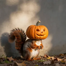squirrel with pumpkin on head