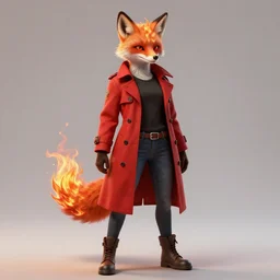 a female anthropomorphic humanoid fox with fire powers dressed in a red trench coat, black t - shirt, and jeans in the style of akira toriyama in the style of jean giraud trending on artstation deviantart pinterest furaffinity detailed realistic hd 8 k high resolution