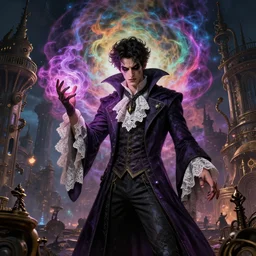 a young man, evil wizard, victorian steampunk city vista, hyperrealism, octane render, extremely detailed, intricate colorful cosmic smoke magic, lace, style of mark ryden, earl nore, hyung tae, frank frazetta