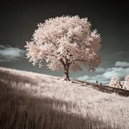infrared photography, beautiful lone tree on a hill by david keochkerian and mike irwin, ir filter