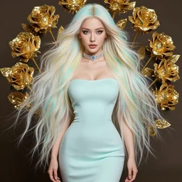 full body portrait of a beautiful woman, long hair, opal colors, volumetric light, choker necklace, gold crystal roses behind, ultra definition