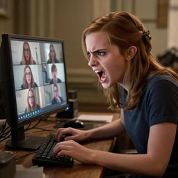 Angry Emma Watson at her computer screaming at her guildmates over voice chat.