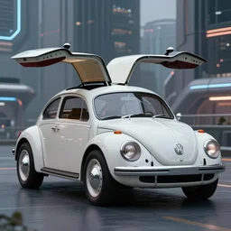 What if Syd Mead designed a Volkswagen Beetle, gullwing side doors, future city background, concept art, trending on artstation