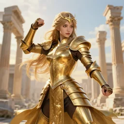 portrait knights of zodiac girl, golden and copper shining armor, karate pose in ruined agora of athens sunrise, ssci - fi and fantasy, intricate and very very beautiful and elegant, highly detailed, digital painting, artstation, concept art, smooth and sharp focus, illustration, art by tian zi and wlop and z - - ed