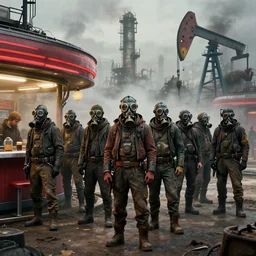 waiting in line for crude oil by simon stalenhag and gil elvgren and tom bagshaw and marc simonetti and jan miense molenaer and arthur adams, dystopian slums, refinery diner, highly detailed, hyperrealism, smog, high contrast, smogpunk, oilpunk, high saturation, intricate complexity, gas masks