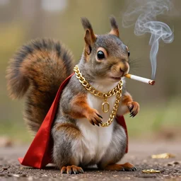 an nft of a grey squirrel re-imagined as a superhero, wearing gold chains and smoking a cigarette