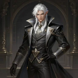a highly detailed illustration of attractive white haired demon guy wearing librarian outfit, dramatic pose, art by artgerm and greg rutowski, intricate, elegant, highly detailed, centered, digital painting, artstation, concept art, smooth, sharp focus, league of legends concept art, wlop.