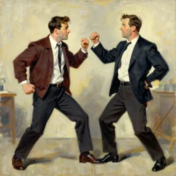 michael scott fighting dwight schrute, painting by jc leyendecker!! phil hale!, angular, brush strokes, painterly, vintage, crisp