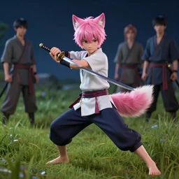 a beautiful fullbody portrait of a cute anime male human boy with pink hair and pink wolf ears wielding a katana in battle position in a grass field at night barefoot. character design by cory loftis, fenghua zhong, ryohei hase, ismail inceoglu and ruan jia. artstation, volumetric light, detailed, photorealistic, fantasy, rendered in octane