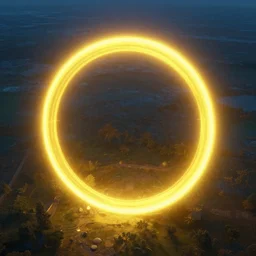 a professional photographic view picture of a huge yellow neon ring above a land ,photographic filter unreal engine 5 realistic hyperdetailed 8k ultradetail cinematic concept art volumetric lighting, fantasy artwork, very beautiful scenery, very realistic painting effect, hd, hdr, cinematic 4k wallpaper, 8k, ultra detailed, high resolution, artstation trending on artstation in the style of Albert Dros glowing rich colors powerful imagery nasa footage drone footage drone photography