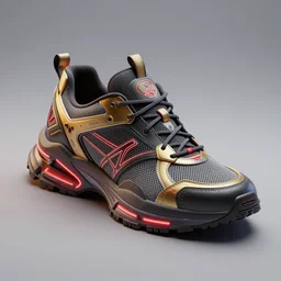 realistic 3 d render of a cyberpunk android sneaker, beautiful studio lighting, soft, sharp focus, neon cyberpunk highlights, intricate detail, gold and red accents, soft rubber, octane render, side view, close up, trending on artstation, deviantart, issey miyake, lloyd wright, gaugin