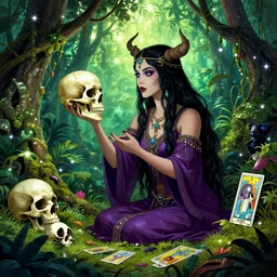 A strikingly beautiful voodoo priestess communes with a dead skull inside his overgrown jungle cabin. wicca. fae. pagan. tarot. Moebius, Noah Bradley, hiroshi yoshida, Dan mcpharlin, Peter Mohrbacher, Druillet, epic composition, sparkling light, vivid,bright