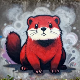 graffiti tag of a friendshaped furry fandom weasel ( stoat ) fursuiter, red and black fur, smoke cloud background