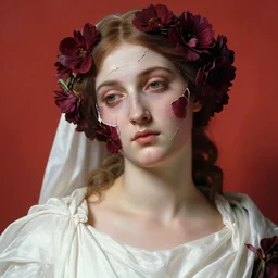 hyperrealism close - up mythological portrait of an exquisite medieval woman's shattered face partially made of maroon flowers in style of classicism, wearing white silk robe, red palette