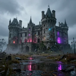beautiful render of abandoned caastle, by lee madgwick and hubert robert, puddles of water, blade runner style, neon glow, vivid color, moody lighting, unreal engine, foggy