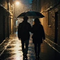 an emotional picture of two shadowy figures under one umbrella at night in an ally, it is raining heavily, street lanterns are shining, they are reflected on the rainy street, 35mm, juno filter, motion blur, trending on artstation