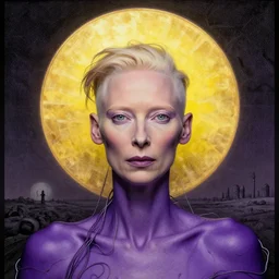 Woman masterpiece, Tilda Swinton, bald, purple halos, yellow, golden halo behind her head, wires everywhere, by Edgar Maxence and Ross Tran, Zdzisław Beksiński, and Michael Whelan, distant, gustav dore, H.R. Giger, 8k, octane render